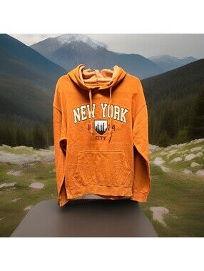 New York Popular Men's Rust Pullover Hoodie Graphic Print Front Pocket Size M